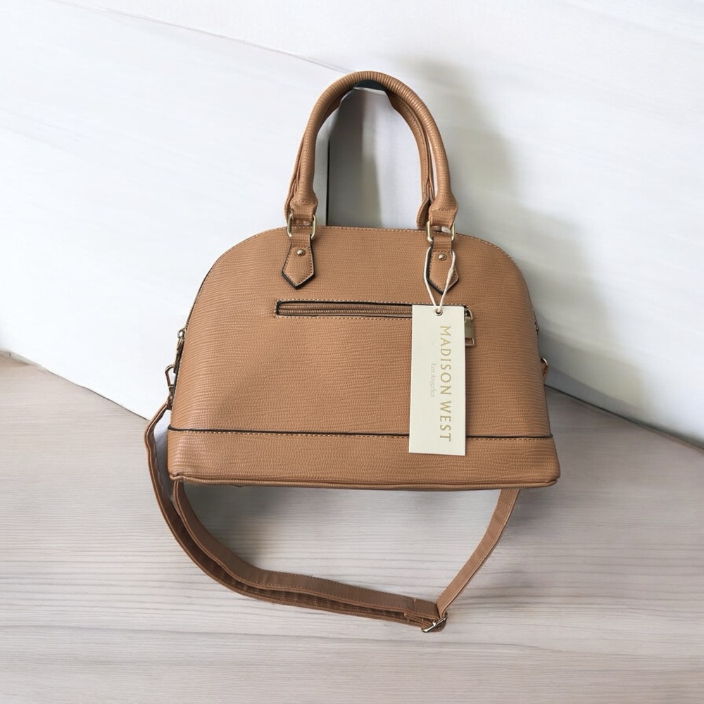 Madison West Tan Satchel with Structured Shape and Detachable Strap